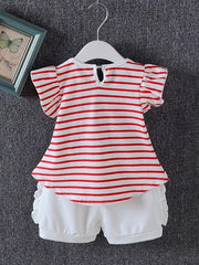 Ericdress Ruffles Striped Bowkont T Shirts Shorts Baby 's Outfits img 1